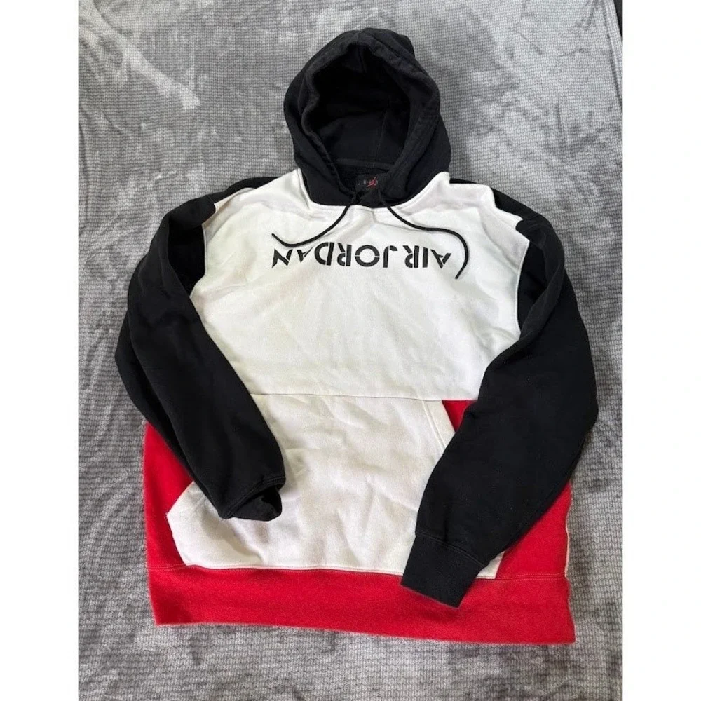Nike Air Jordan Upside Down Hoodie Black White Red Inverted Logo Pullover Mens L